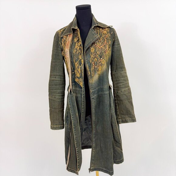 VINTAGE 90S ACID WASH SEQUIN DENIM TRENCH COAT JONINO - Picture 2 of 13